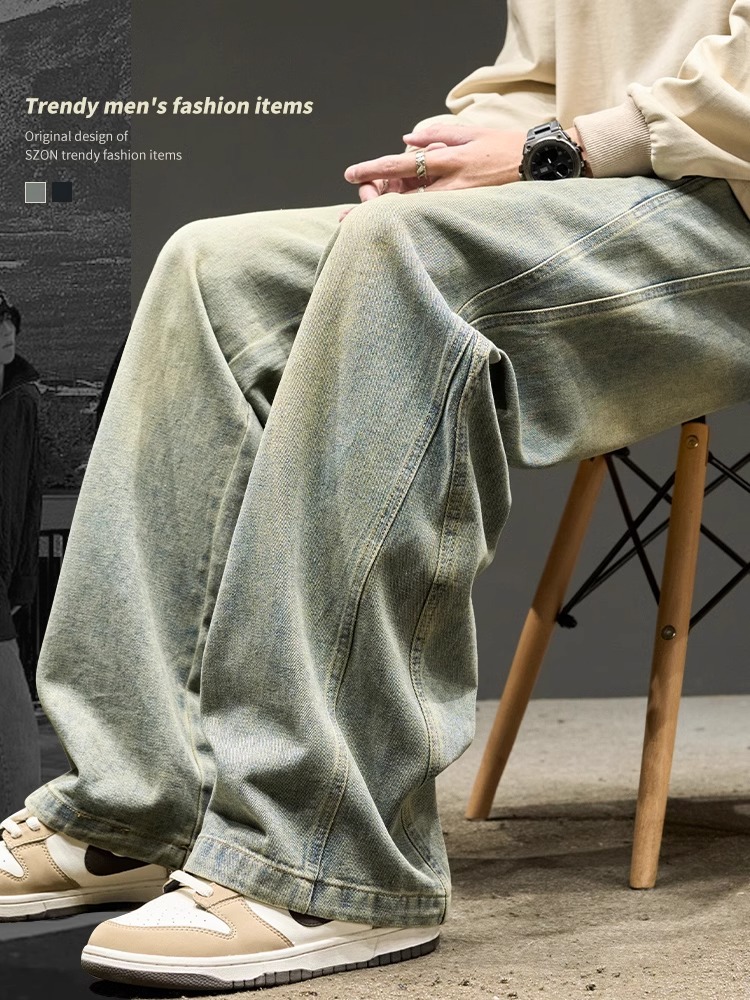 American high street retro vibe jeans men's spring and autumn new straight scimitar pants loose stitching washed overalls