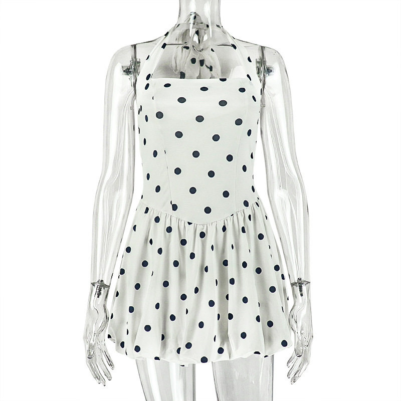Chic A Line Dress Black and White Polka Dot Print Halter Neck Waist Cinching Design Ideal for Work and Casual