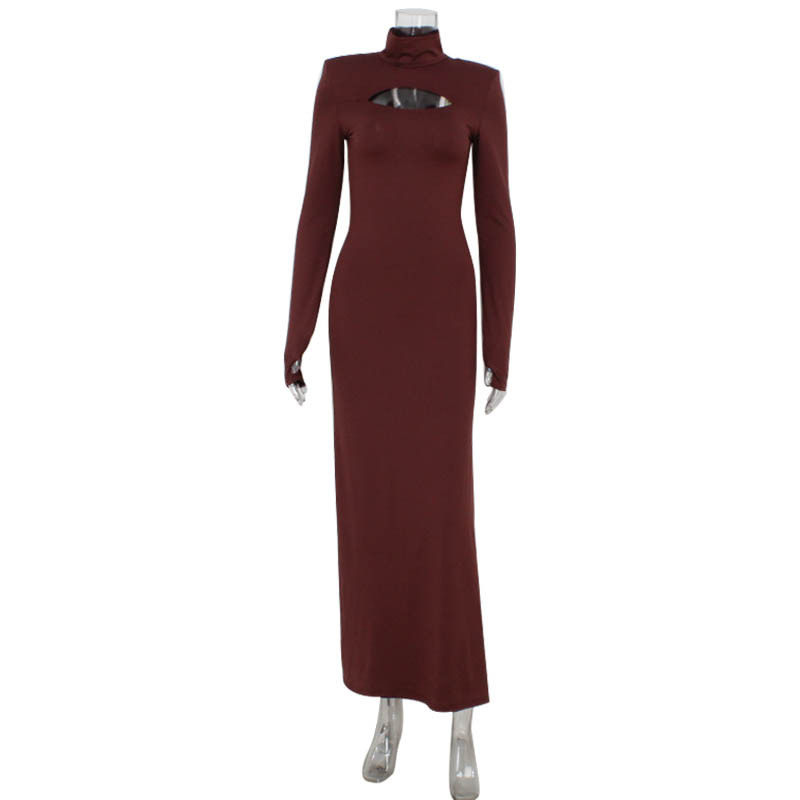 Long Sleeve Bodycon Dress Hollow Out Design Solid Color Elegant Style Perfect for Autumn and Winter Occasions
