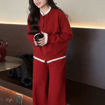 2025 Winter New Korean Style Loose-Fitting Slimming Fake Two-Piece Knitted Cardigan High-Waisted Wide-Leg Pants Sweater Suit for Women