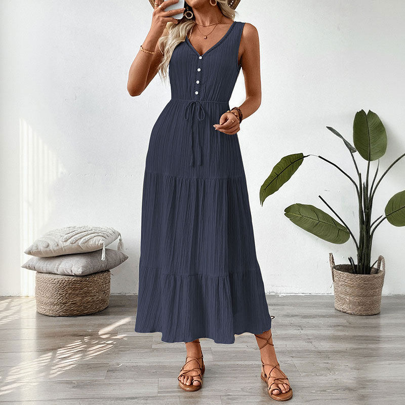 Sleeveless V Neck Summer Dress Minimalist Design Solid Color Adjustable Tie Casual Wear for Women OEM Available