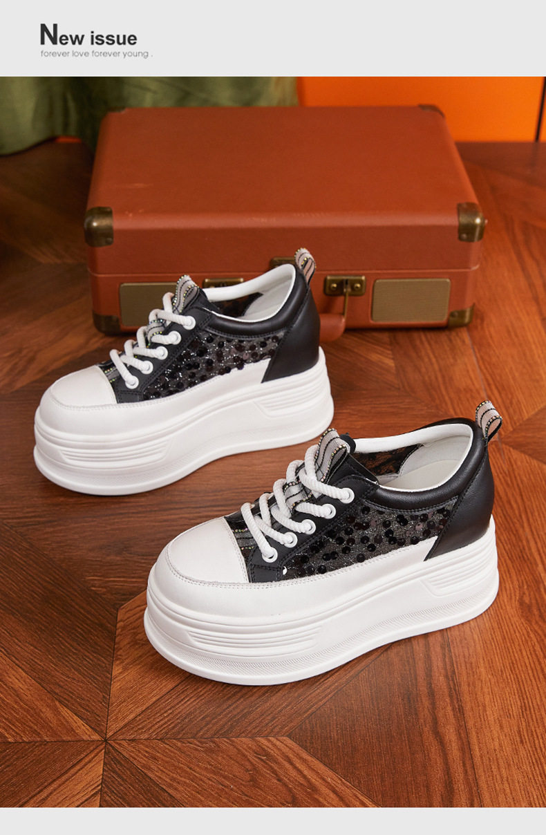 Giày sneaker nữ chunky đế dày lưới thoáng khí phong cách platform — Trắng, Đen chi tiết 14