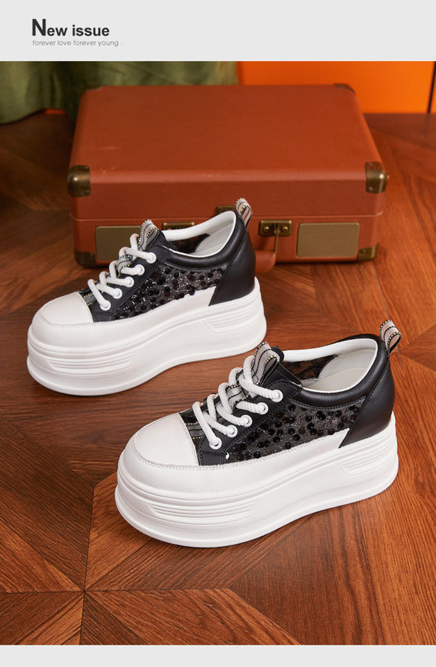 Giày sneaker nữ chunky đế dày lưới thoáng khí phong cách platform — Trắng, Đen chi tiết 14