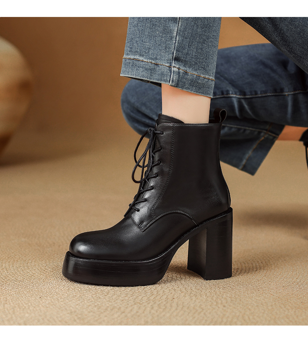 Boot Martin nữ đế dày gót thô buộc dây tăng chiều cao mũi tròn da bò thật — Lớp lót đơn màu nâu, Lớp lót nhung màu nâu, Màu đen một lớp, nhung đen