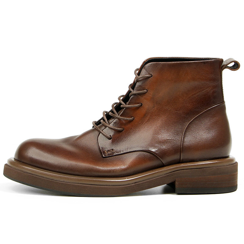 Boot Nam Cao Cổ Da Thật Phong Cách Retro Chiều Cao Đế Khoảng 4cm Màu Nâu