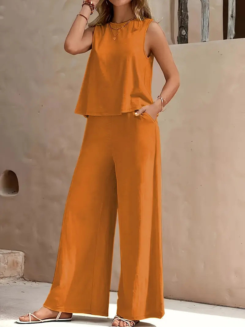 2025 Amazon Europe and the United States cross-border explosions solid color elegant two-piece crew neck vest and wide leg pants suit women's clothing