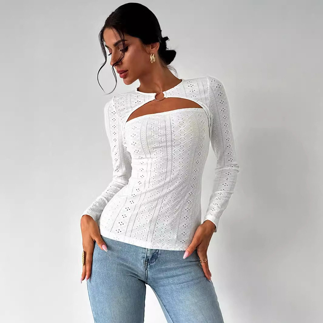 Elegant Womens T Shirt Minimalist Design Lace Hollow Out Long Sleeve Spring Summer Fashion Versatile for Work