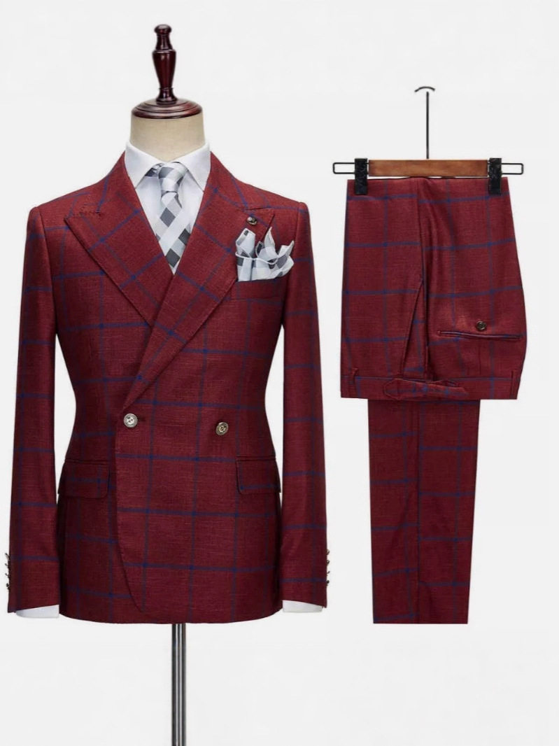 double row host slim plaid casual wedding two-piece men's suit
