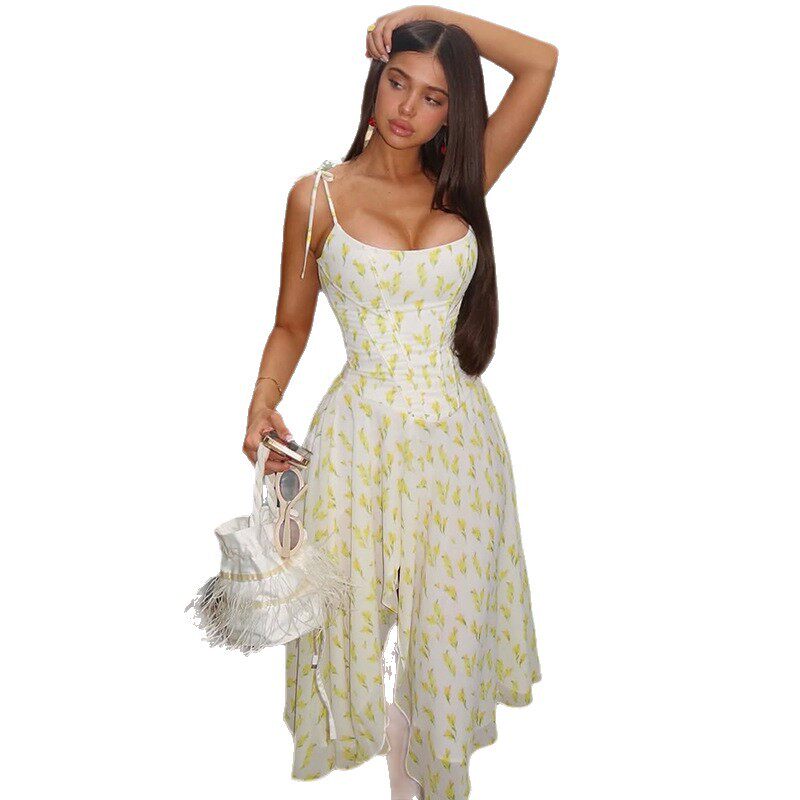 Bohemian Floral Print Maxi Dress Strapless Waist Cinching Backless Slim Fit Perfect for Outdoor Events Wholesale