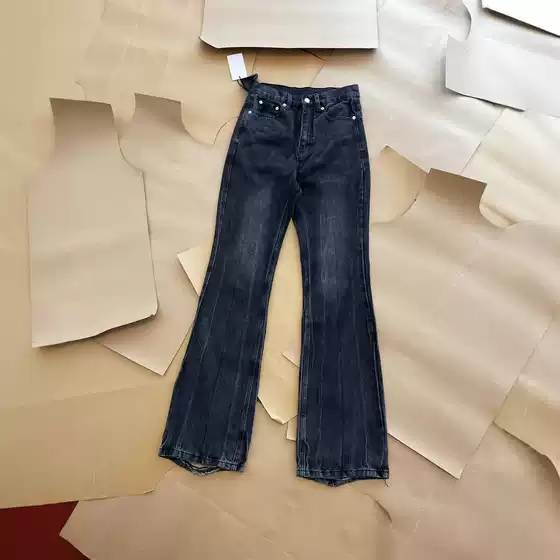 High version B's 2023s black and gray washed damaged distressed horn straight jeans customized dyed Denim fabric
