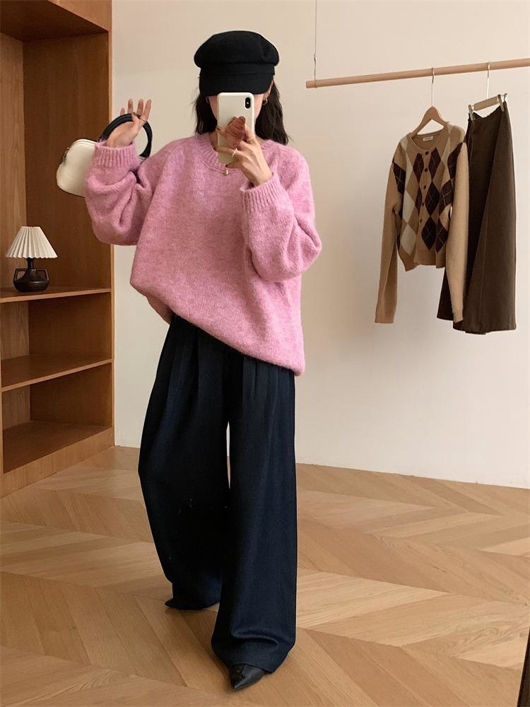 小众高级感大码宽松套头毛衣女圆领慵懒风秋冬长袖软糯花色针织衫