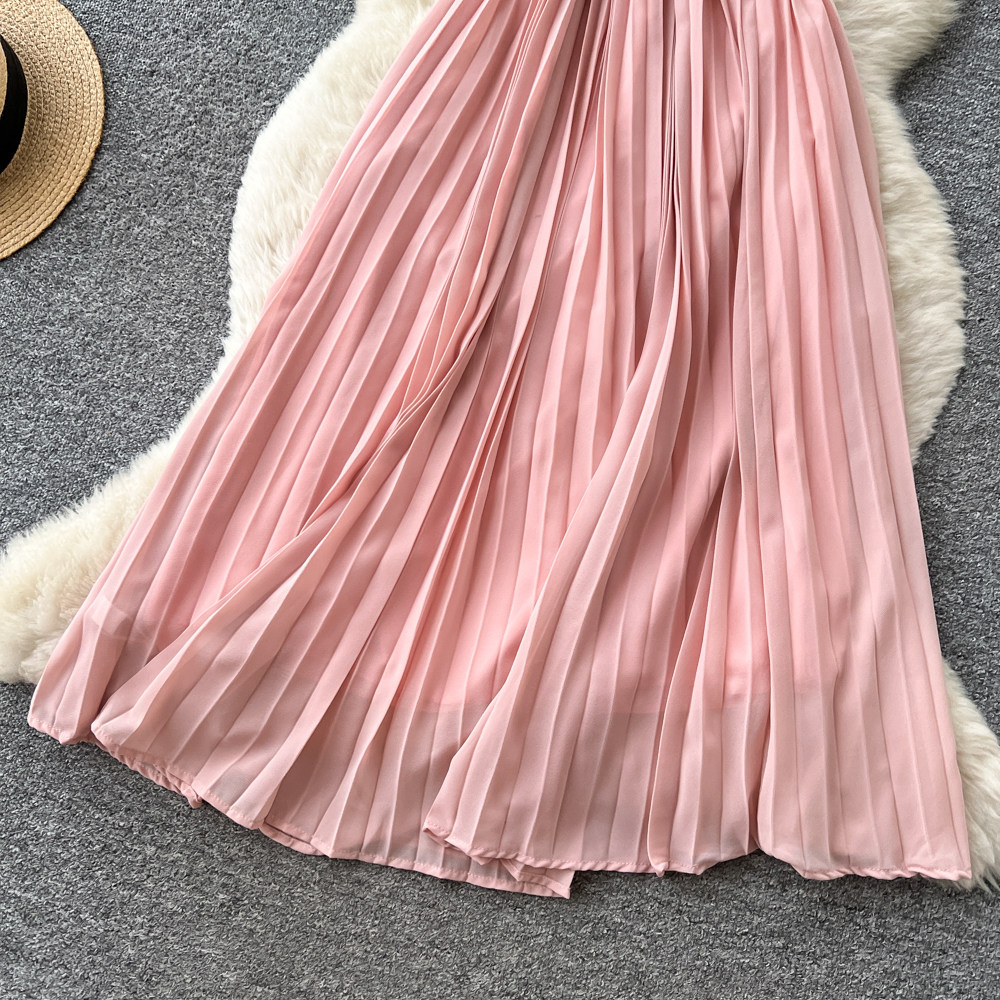 Elegant Sleeveless A Line Dress High Waist Pleated Rhinestone Embellished Summer Fashion in Pink Wholesale Available