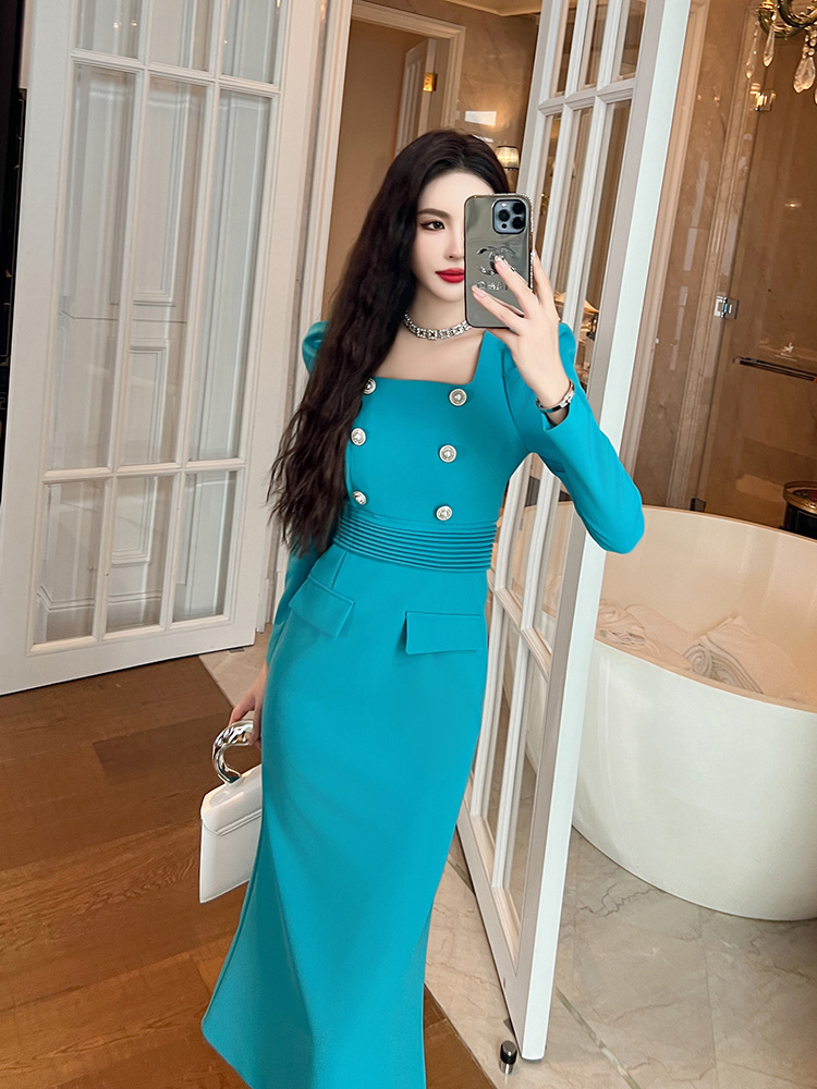 Đầm ôm body nữ cổ vuông dài tay thắt eo thanh lịch — Màu xanh nước hồ