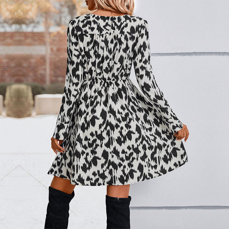 Color Block Leopard Print Dress Elegant Design Long Sleeve Fall Winter Fashion Wholesale Available