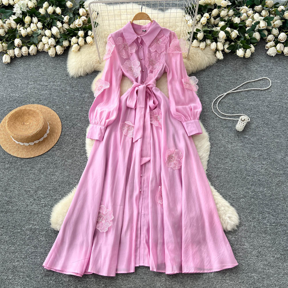 French High End Beaded Floral Long Sleeve Dress Slim Fit Waist Tie Button Closure Autumn Fashion for Women