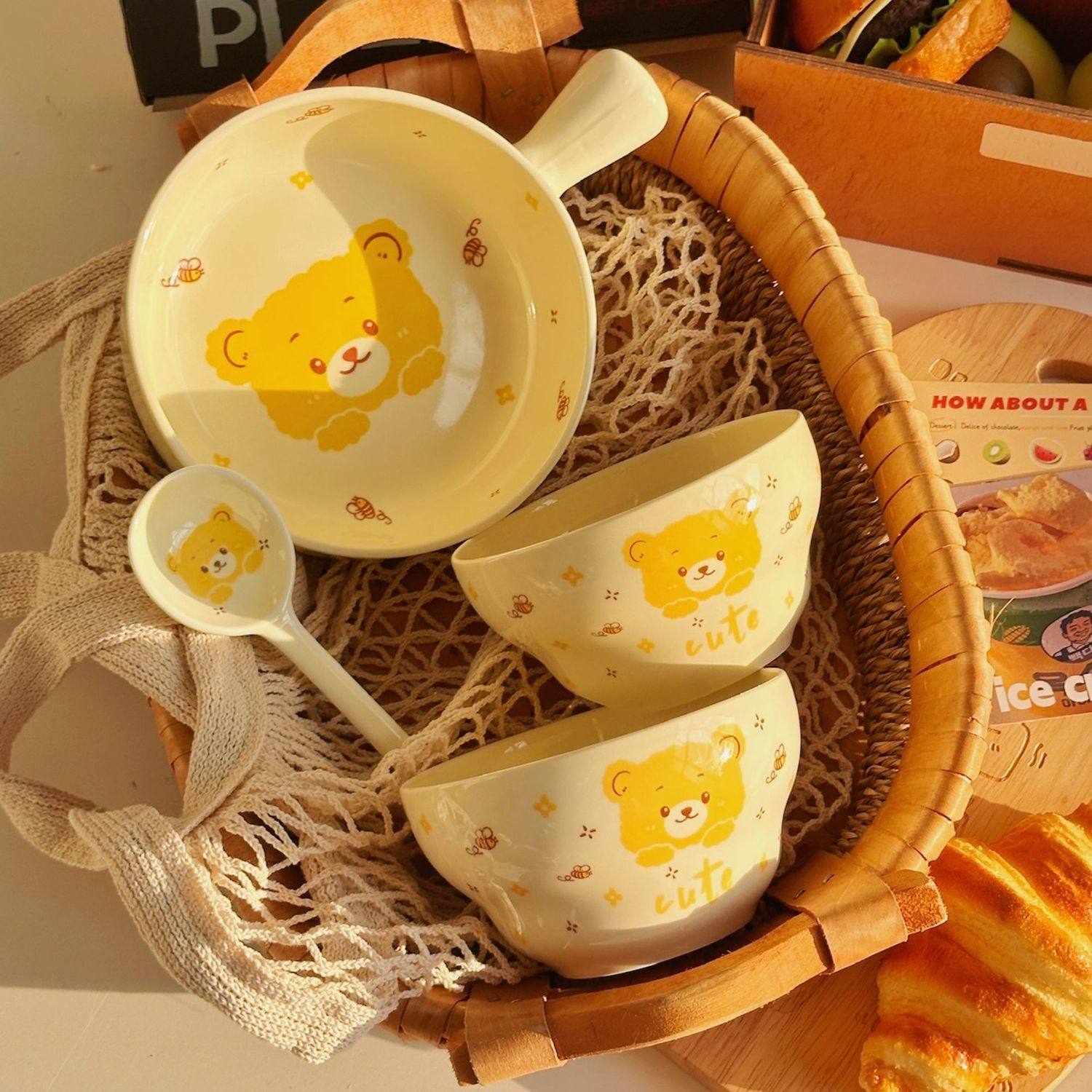 Strawberry Bear Ceramic Handle Bowl Household Cute Rice Bowl Oven Special Baking Bowl Student Dormitory Single Handle Instant Noodle Bowl