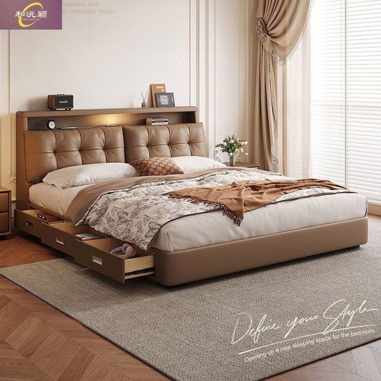 Multifunctional Leather Bed Italian Soft-Packed Double Bed Modern Simple Master Bedroom Large Bed Wedding Bed Rental Room Storage Bed