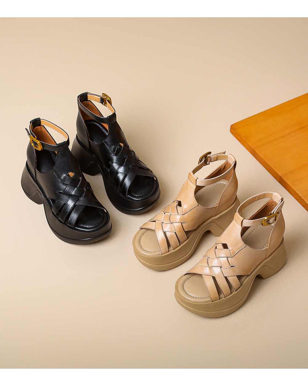 Sandal nữ da bò đan kiểu retro, gót đế xuồng 8 cm, hở mũi — [Đen], [Trắng kem] chi tiết 12