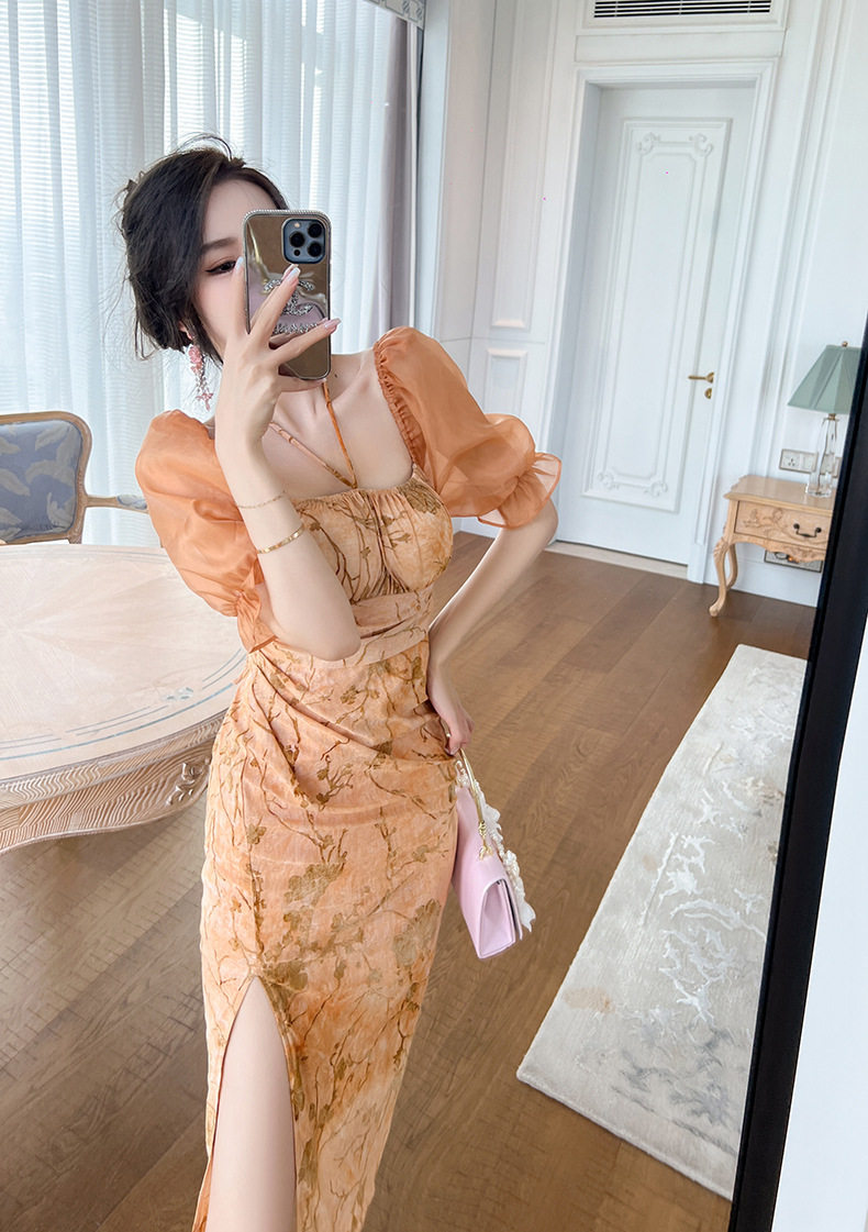 Đầm ôm body nữ dáng dài tay phồng cổ vuông phong cách Pháp — [Cam cổ điển] chi tiết 10