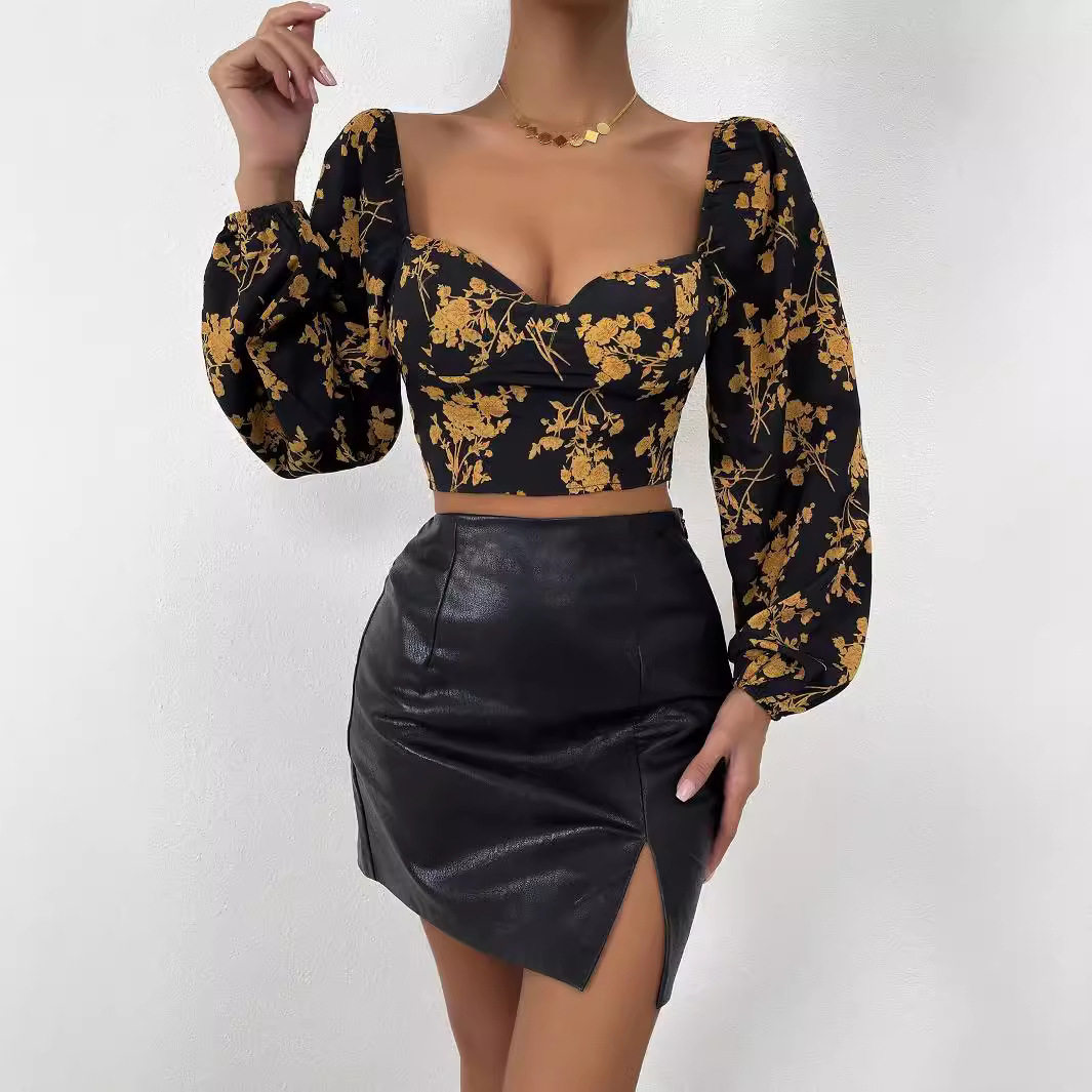 Vintage Floral Print T Shirt Short Puff Sleeves Square Neckline Lightweight Fabric Spring Summer Casual Wear