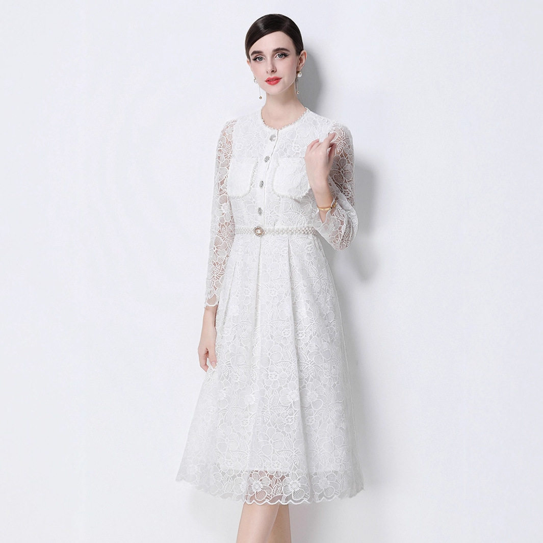 French Elegant Lace Dress Beaded Waist Tie Floral Design Evening Wear Cocktail Party Wholesale Available