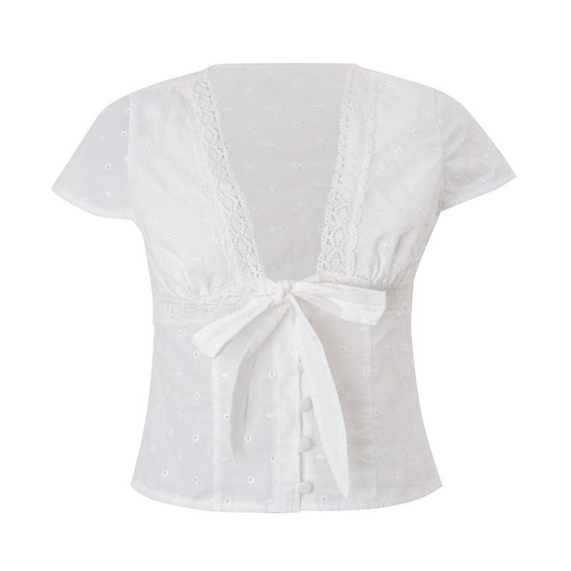 Womens Summer T Shirt Sexy V Neck Bow Tie Detail Short Sleeve French Style Casual Wear Wholesale Available