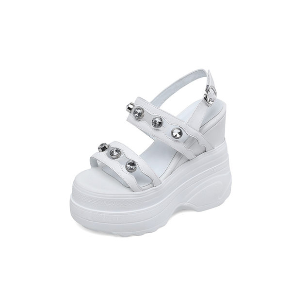 Giày Sandal Cao Gót Nữ Đế Xuồng Quai Ngang Đính Đá Gót Cao 10cm - 12cm Màu Đen, Trắng