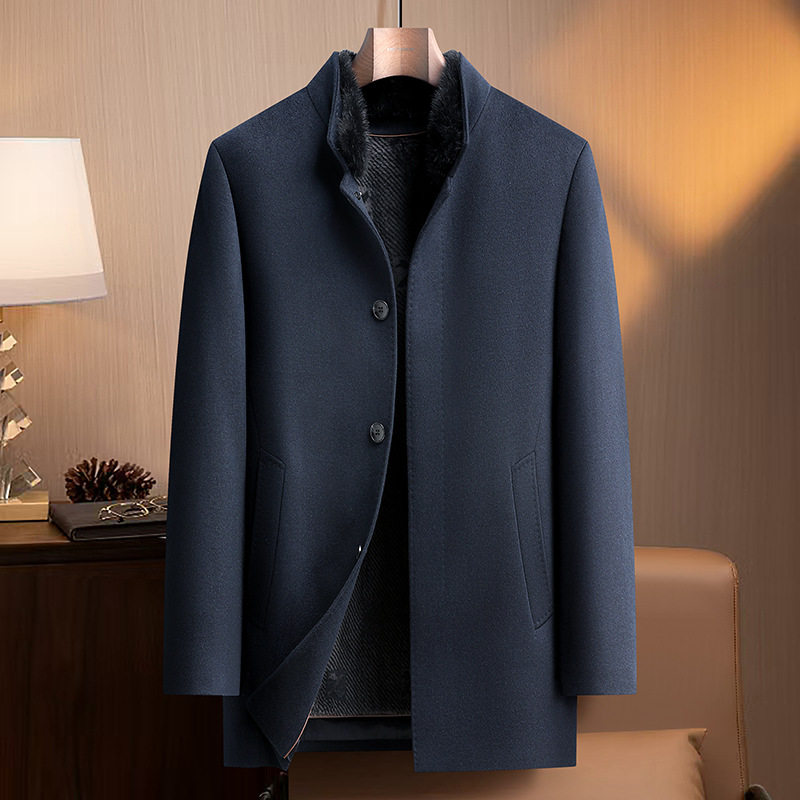 Áo Khoác Dạ Nam Dáng Dài Vừa Cổ Lông Chồn, Lót Lông Thỏ, Lông Cừu, Cashmere, Tơ Tằm Màu Xanh Navy
