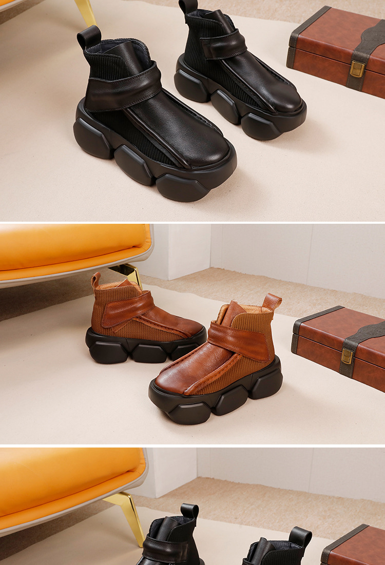 Boot nữ cổ thấp da bò thật đế dày phong cách cổ điển — Màu đen, Màu nâu đậm