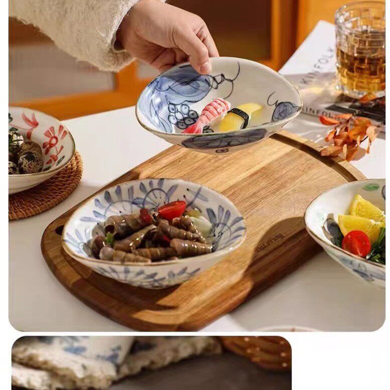 Hand-painted shallow dish plate ceramic tableware retro breakfast plate shallow bowl hand-painted shaped dish restaurant cold dish