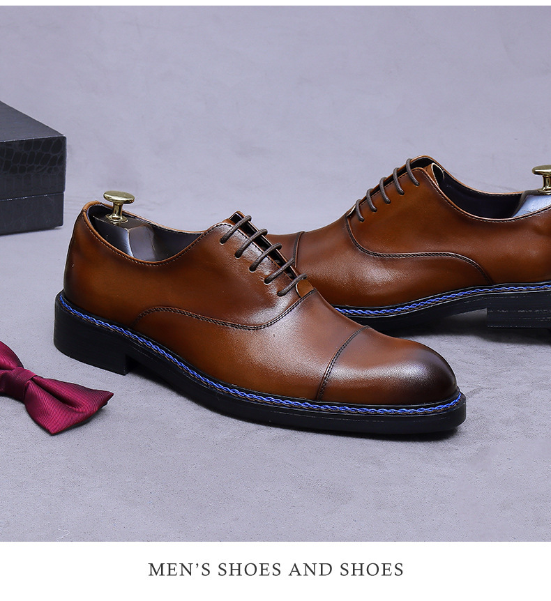 Giày Oxford nam da bò thật mũi tròn buộc dây, giày công sở và giày cưới — Màu nâu (viền xanh), Màu nâu (viền đen), Đen (viền xanh), Đen (viền đen)