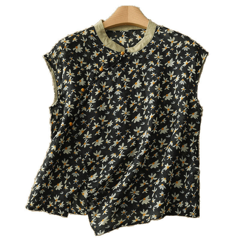 2025 New Chinese Style Oblique Lapel Button Sleeveless Shirt National Style Print Retro Literary Style Top for Women