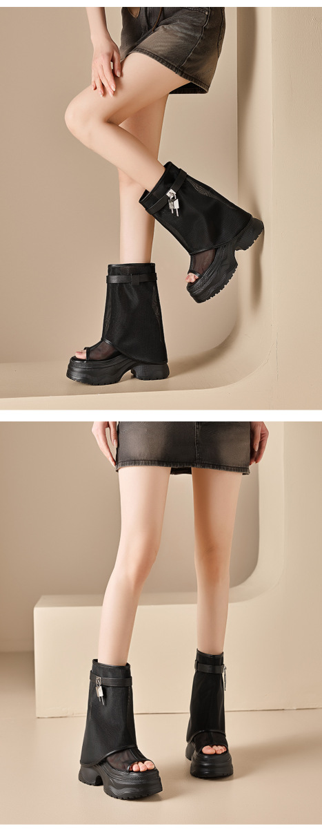 Boot nữ cổ trung lưới khoét hở phối da bò, đế dày tăng chiều cao — Đen có hình, màu đen, Màu nâu, Màu nâu có hình