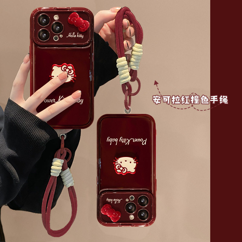 Bowknot Cat Doll Lanyard for Apple 16PRO Large Window Phone Case wine red 15 Soft Silicone 14