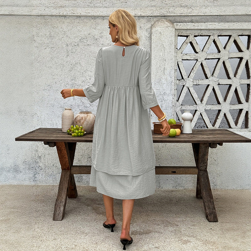 Casual Loose Fit Solid Color Dress Layered Design Short Sleeves Round Neck Vacation Wear Wholesale Available