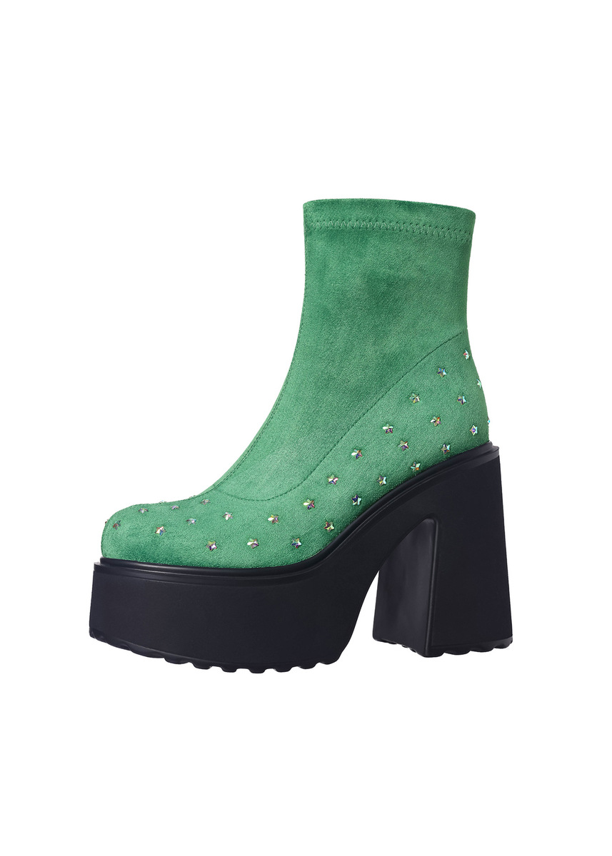 Boot nữ cổ ngắn đế dày khóa kéo bên hông, gót thô tăng chiều cao — Lớp lót đơn màu đen, Lớp lót đơn màu xanh lá, Lót nhung đen, Lót nhung xanh lá