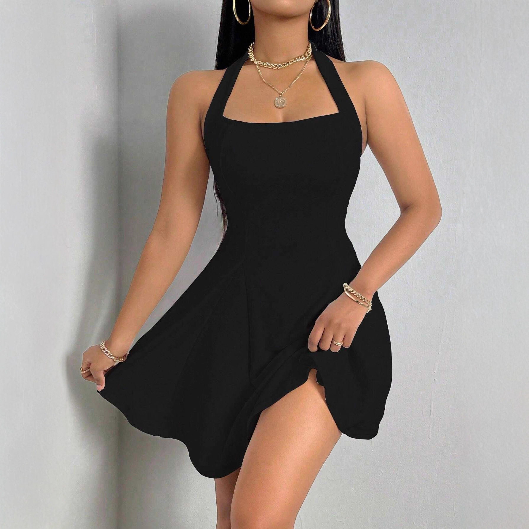 Custom Womens A Line Mini Dress Sexy Halter Neck Backless Waist Defining Flared Skirt Perfect for Parties and