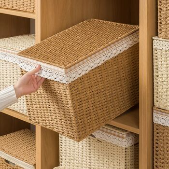 Household Storage Box Wardrobe Clothing Miscellaneous Storage Box Imitation Rattan Straw Japanese Woven Storage Basket with Lid