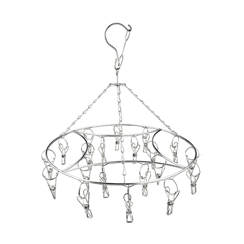 Manufacturer Wholesale Stainless Steel Sock Rack Thickened 4.0mm Round Single Layer 24 Clip Round Clothes Hanger Sock Drying Rack Clothes Drying Rack