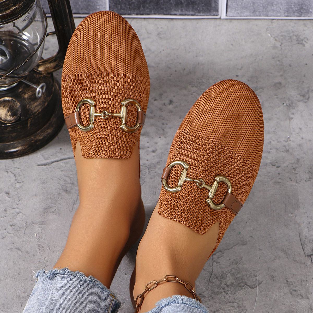 Cross-Border Amazon Fashionable New Solid Color Round Head Chain Foreign Trade Large Size Slip-On Casual Flat-Soled Women's Slippers
