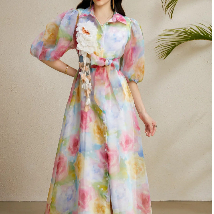 French Style Summer Dress Elegant 3D Floral Design Waist Tie Lantern Sleeves Printed Tulle Perfect for Parties and