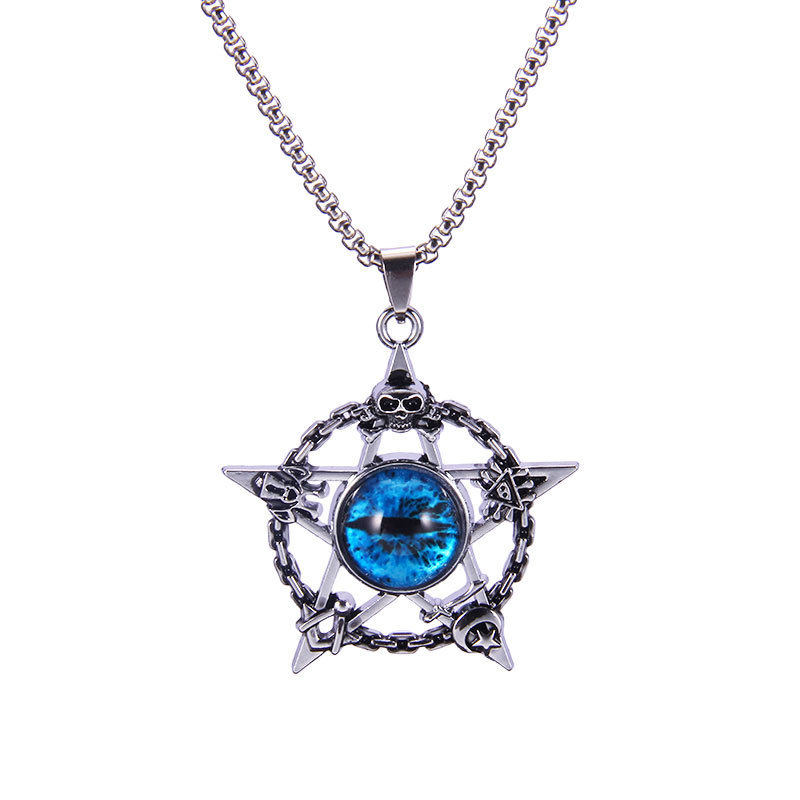 Hip hop retro style old five-pointed star Turkish blue eyes Devil's Eye necklace punk magic skull pendant