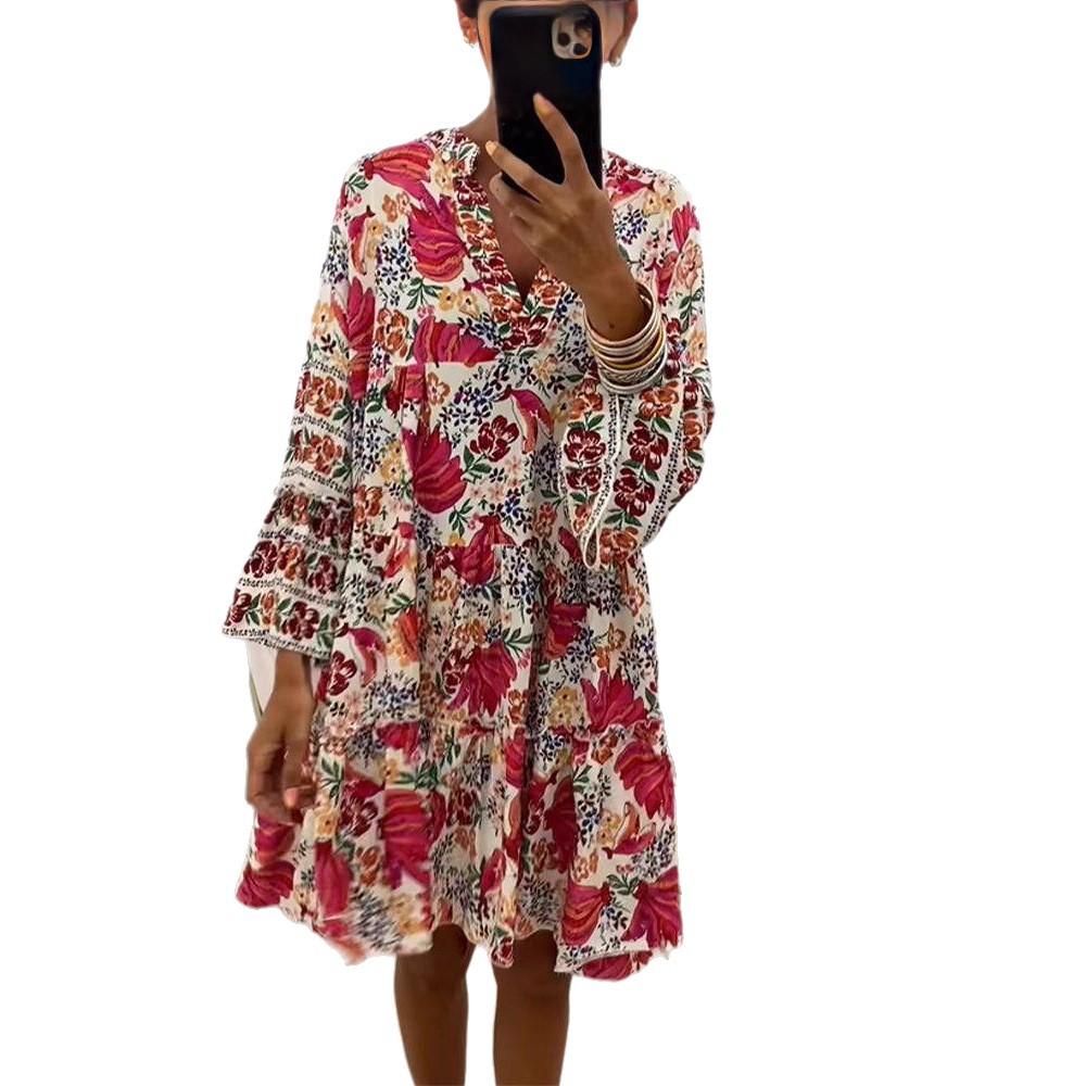 Casual Floral Print V Neck Long Sleeve Maxi Dress for Women Loose Fit Summer Style Available for Wholesale