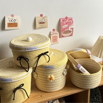 Ins Cute Storage Basket with Lid Girl Storage Desktop Organizer Storage Basket Cosmetics Cotton Rope Storage Basket
