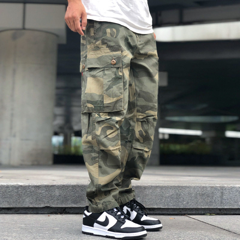 retro loose straight camouflage overalls men's tapered heavyweight washed tactical military pants trendy brand