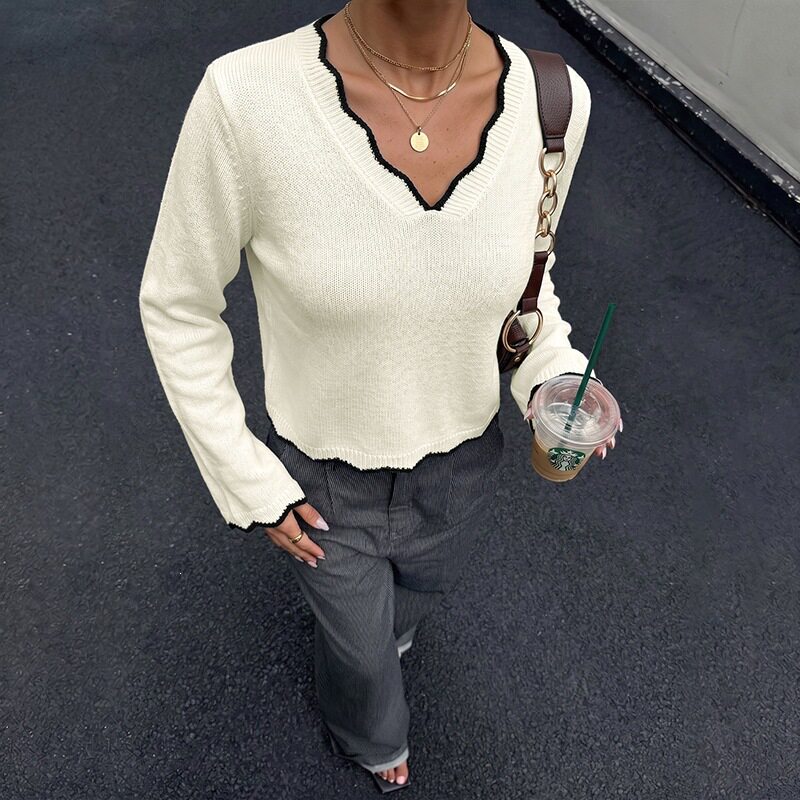 Color Block V Neck Sweater Korean Style Casual Wave Edge Perfect for Fall Winter Wholesale Available
