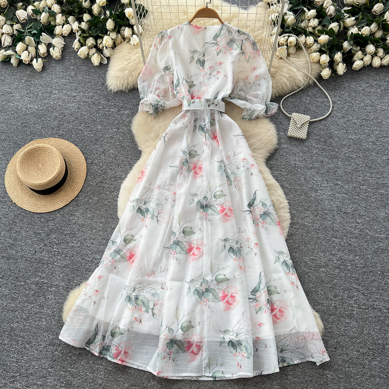 French Romantic Floral Tie Dress Summer V Neck Short Sleeve Waist Defined A Line Elegant Casual Wear Wholesale