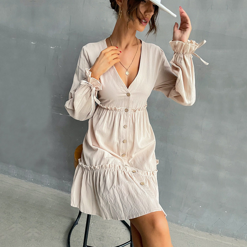Slim Fit Cardigan Dress Ruffle Trim Long Sleeve Solid Color Casual Wear Suitable for Spring and Autumn Wholesale