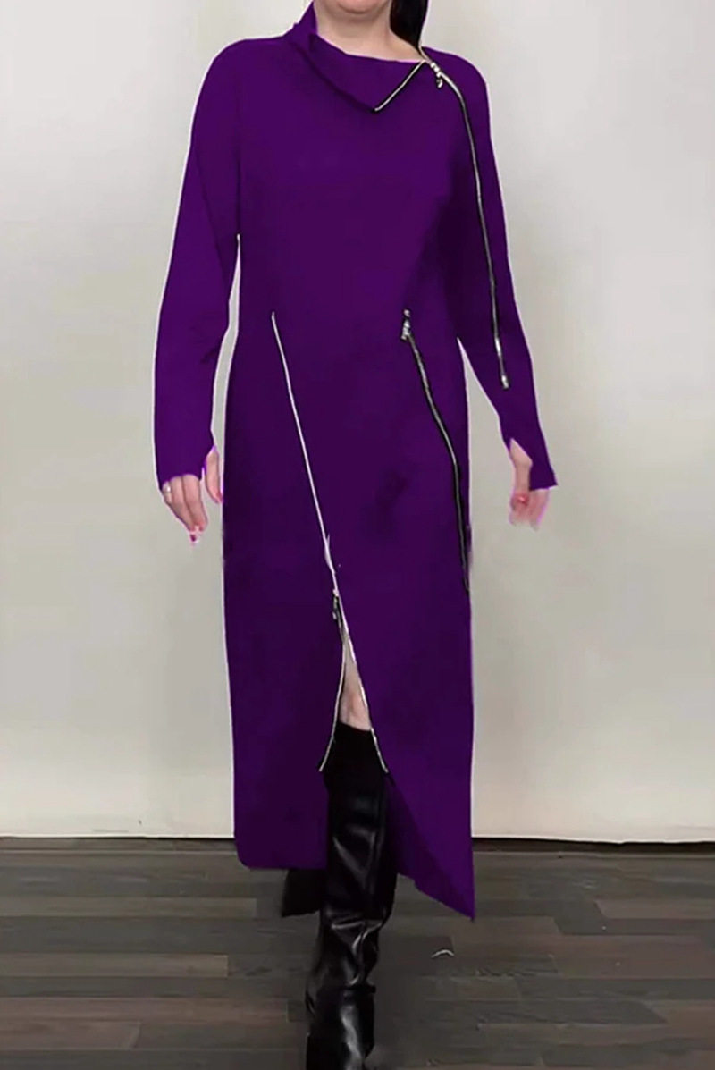 Winter Casual Solid Color High Neck Zip Long Sleeve Dress Stylish Comfortable Versatile Perfect for Everyday Wear