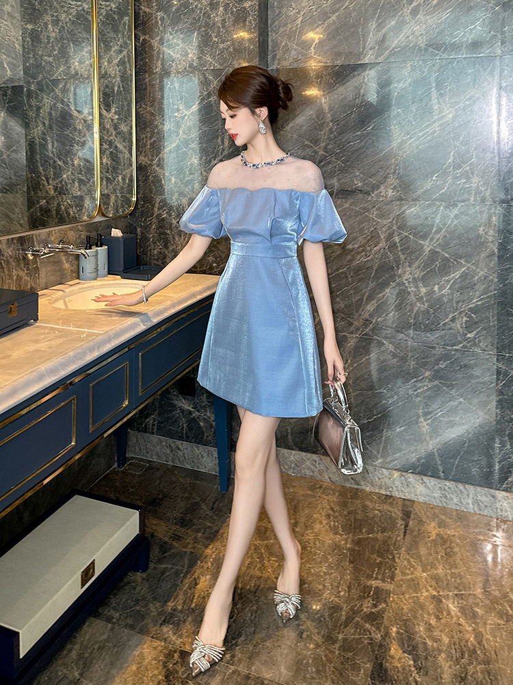 Đầm suông nữ midi tay phồng cổ tròn dáng chữ A — [Đen], [Trắng], [Xám], [Xanh dương]
